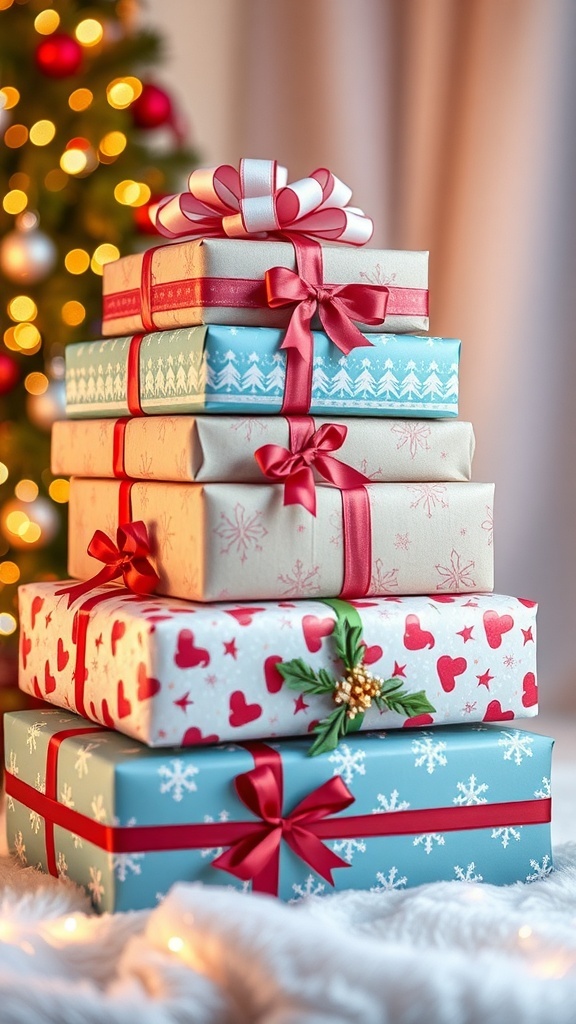 Christmas Gift Stacking Drawing Guide A stack of colorful Christmas presents with ribbons and bows, showcasing a festive holiday theme.